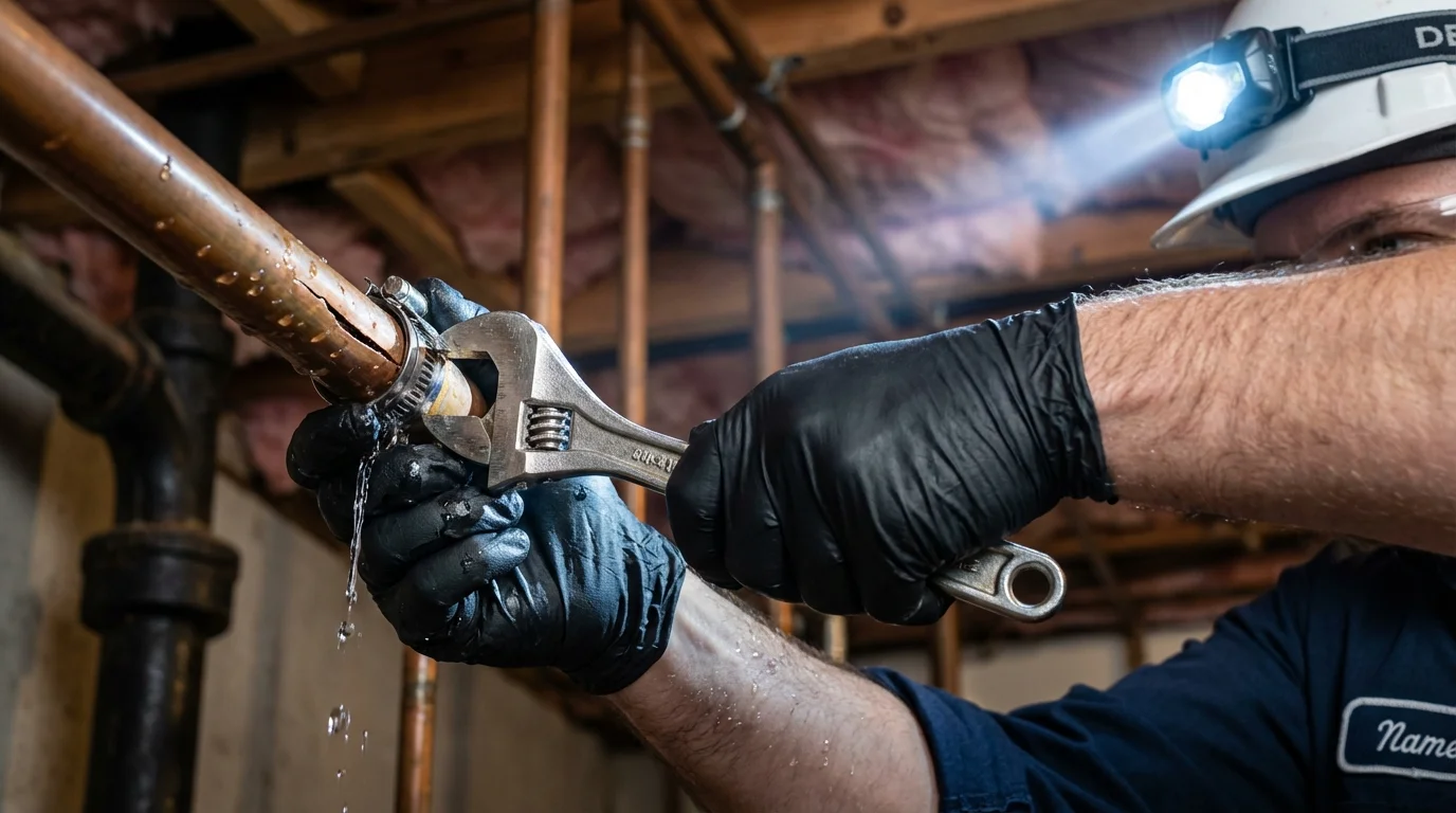 Emergency pipe clamp repair being performed by a Johns Plumbing LLC plumber in Williamsburg