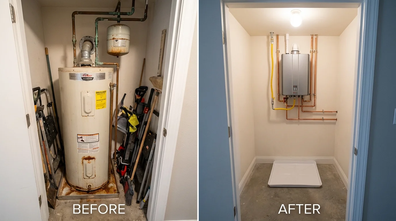 Tank water heater versus wall-mounted tankless unit comparison for Williamsburg, IA homeowners