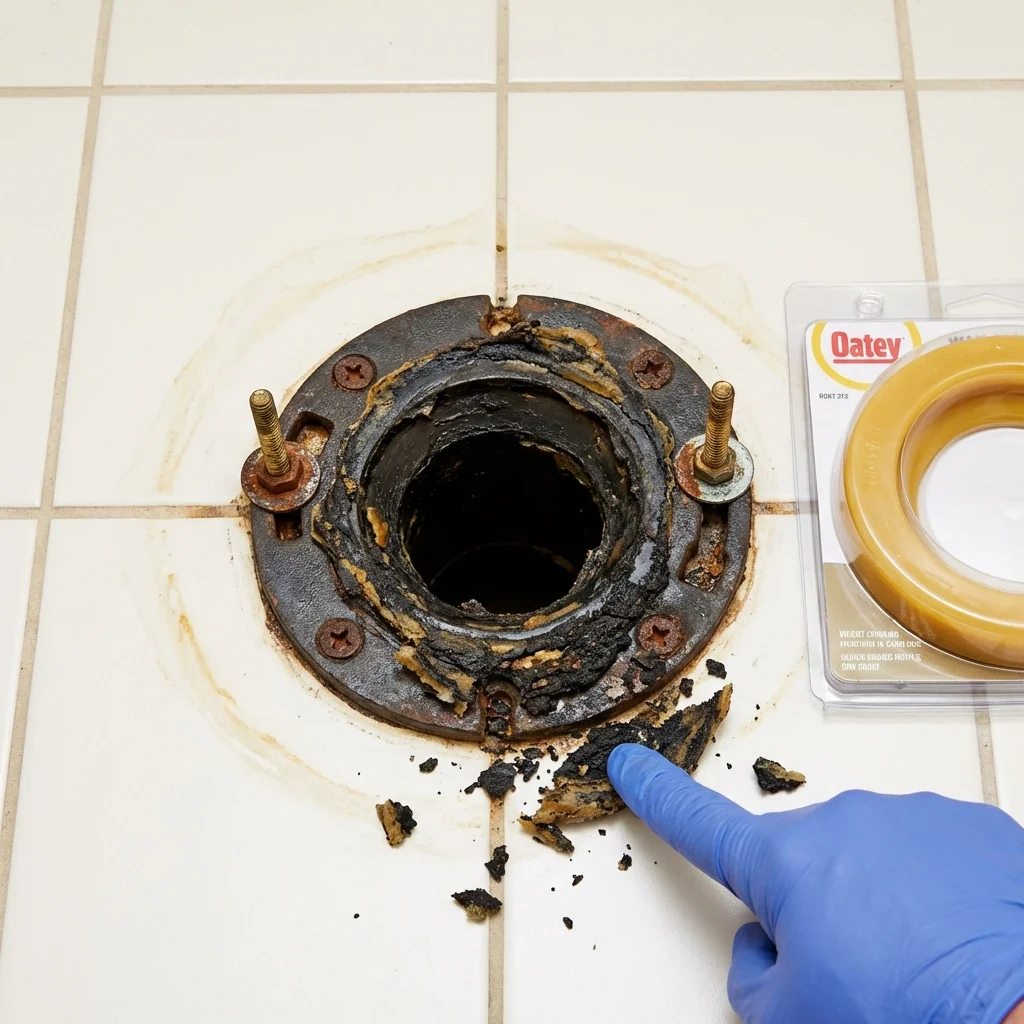 Failed wax ring showing water seepage at the base of a toilet in a Williamsburg, IA home