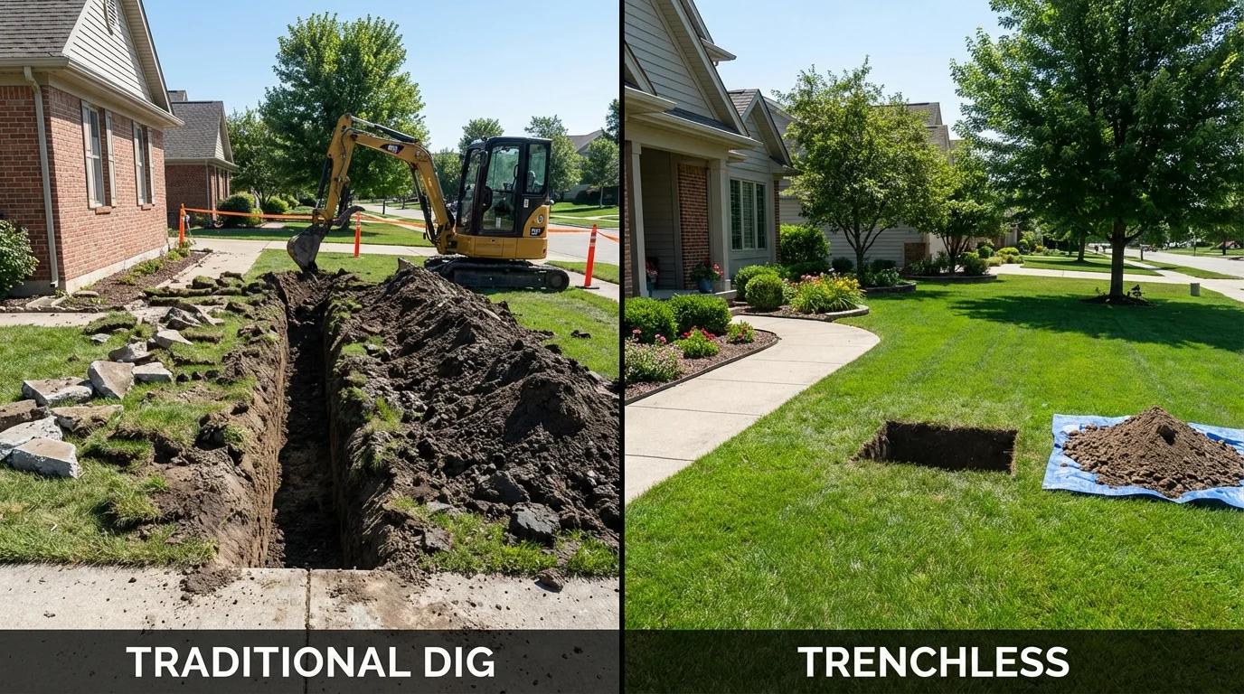 Trenchless sewer repair with minimal yard damage versus traditional excavation in Williamsburg, IA