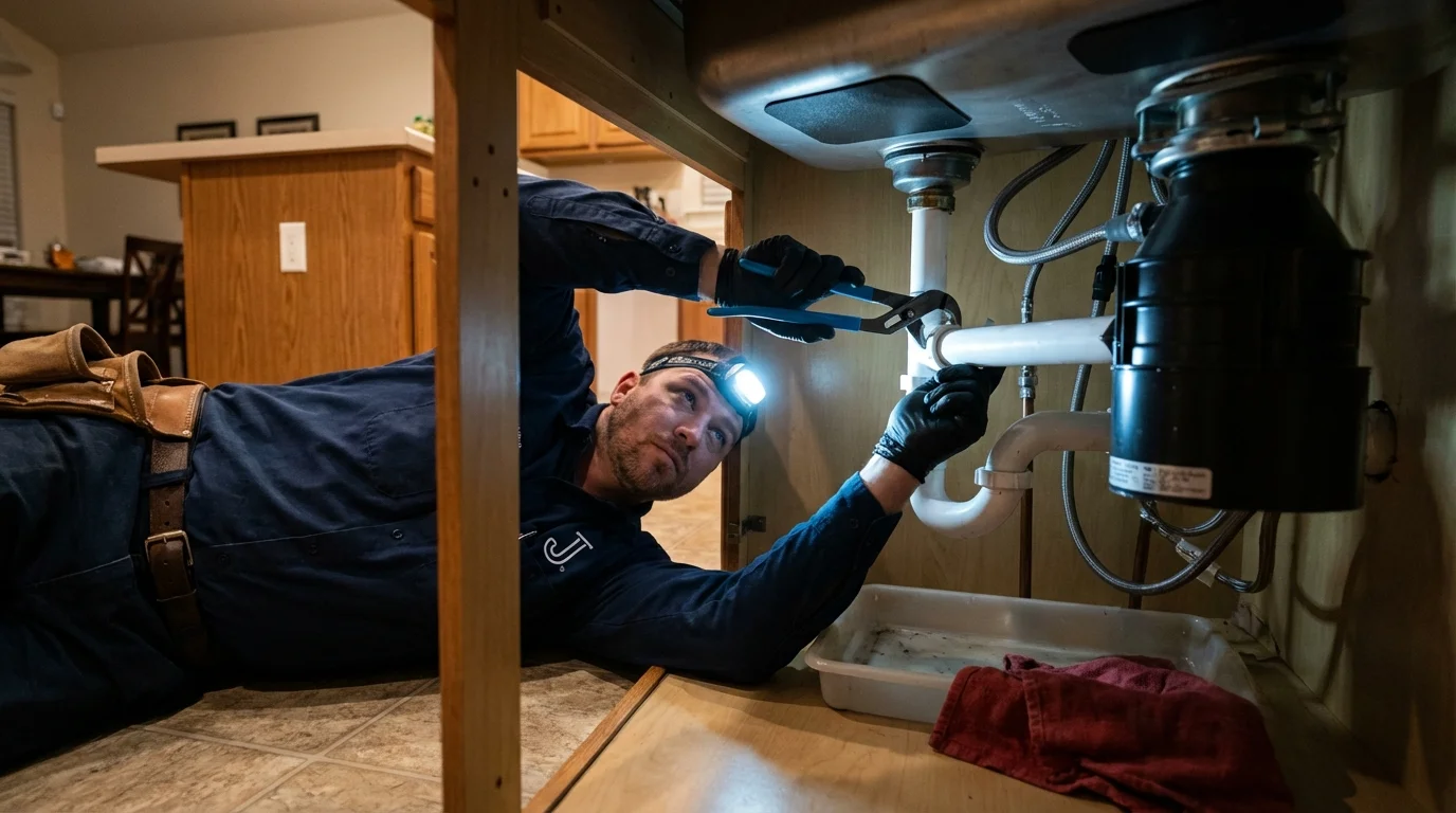 P-trap and supply line connections under a kitchen sink showing a common leak point in Williamsburg, IA